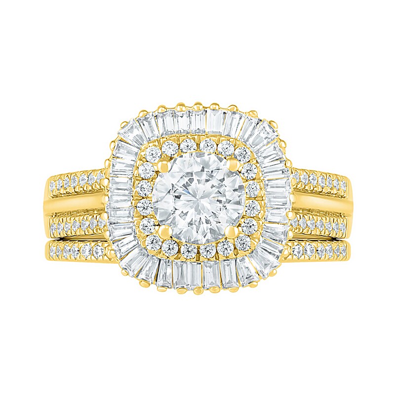 Main Image 2 of 1.45 CT. T.W. Baguette and Round Diamond Cushion-Shaped Sunburst Frame Bridal Set in 10K Gold