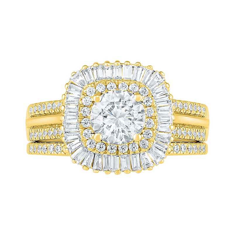 1.45 CT. T.W. Baguette and Round Diamond Cushion-Shaped Sunburst Frame Bridal Set in 10K Gold