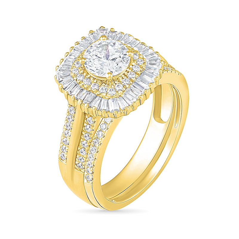 1.45 CT. T.W. Baguette and Round Diamond Cushion-Shaped Sunburst Frame Bridal Set in 10K Gold