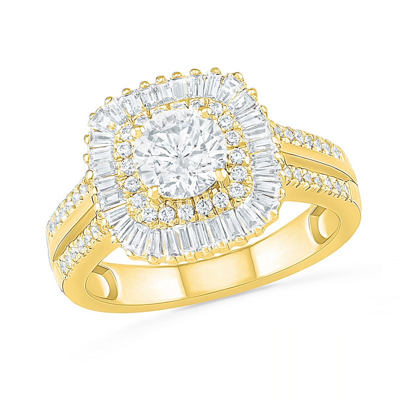 1.45 CT. T.W. Baguette and Round Diamond Cushion-Shaped Sunburst Frame Bridal Set in 10K Gold