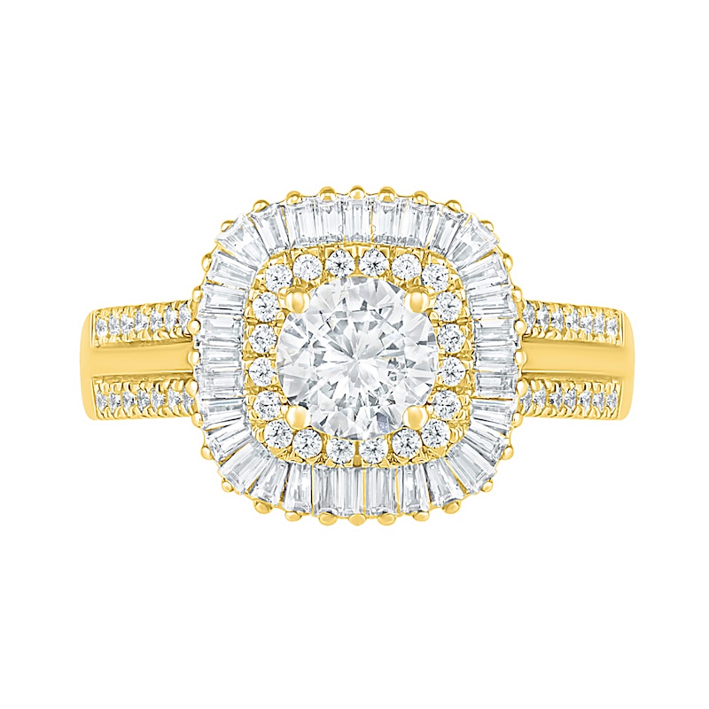 1.45 CT. T.W. Baguette and Round Diamond Cushion-Shaped Sunburst Frame Bridal Set in 10K Gold