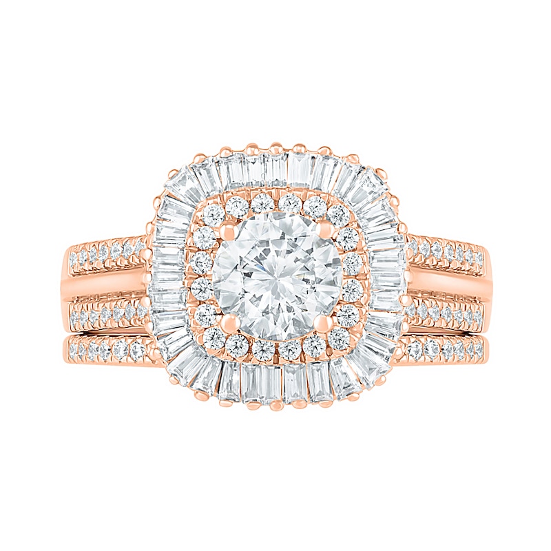 1.45 CT. T.W. Baguette and Round Diamond Cushion-Shaped Sunburst Frame Bridal Set in 10K Rose Gold