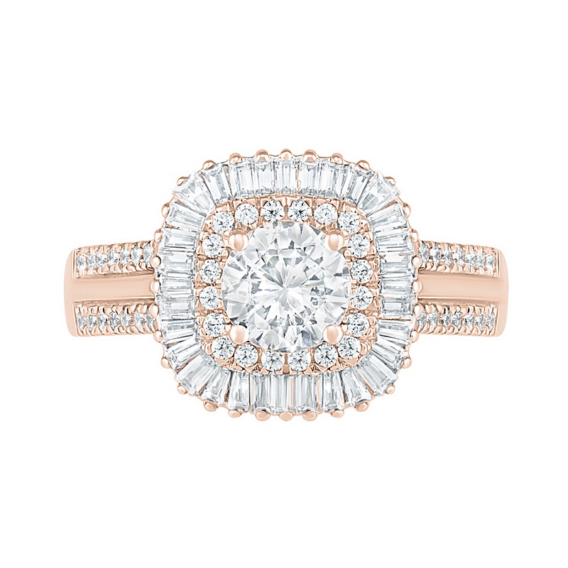 1.45 CT. T.W. Baguette and Round Diamond Cushion-Shaped Sunburst Frame Bridal Set in 10K Rose Gold