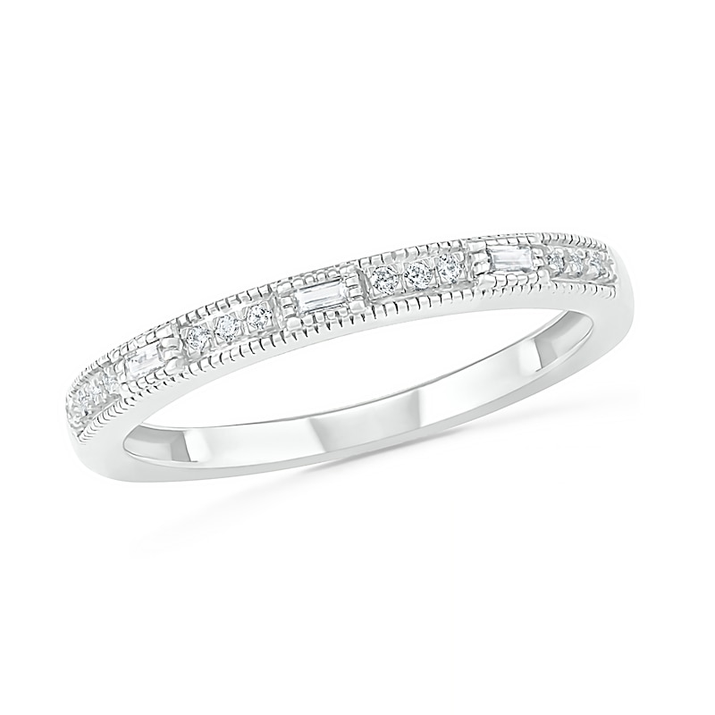 Main Image 1 of 0.085 CT. T.W. Baguette and Round Diamond Vintage-Style Anniversary Band in 10K White Gold