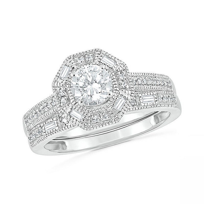 0.69 CT. T.W. Baguette and Round Diamond Octagonal Frame Vintage-Style Bridal Set in 10K White Gold