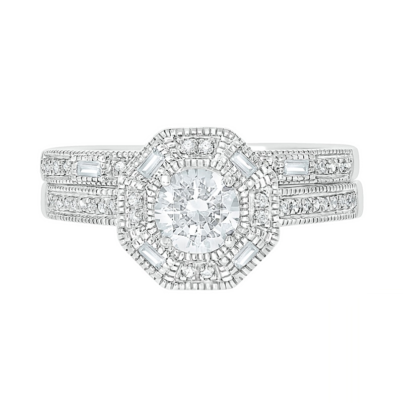 0.69 CT. T.W. Baguette and Round Diamond Octagonal Frame Vintage-Style Bridal Set in 10K White Gold