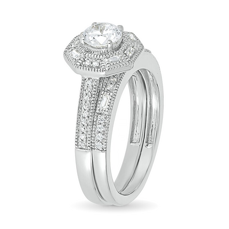 0.69 CT. T.W. Baguette and Round Diamond Octagonal Frame Vintage-Style Bridal Set in 10K White Gold