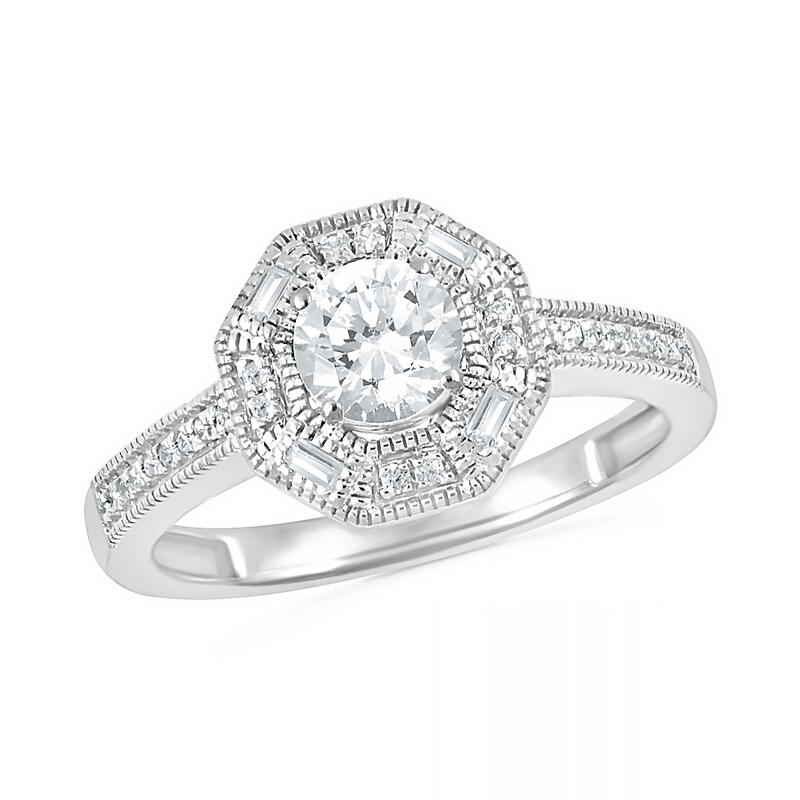 0.69 CT. T.W. Baguette and Round Diamond Octagonal Frame Vintage-Style Bridal Set in 10K White Gold