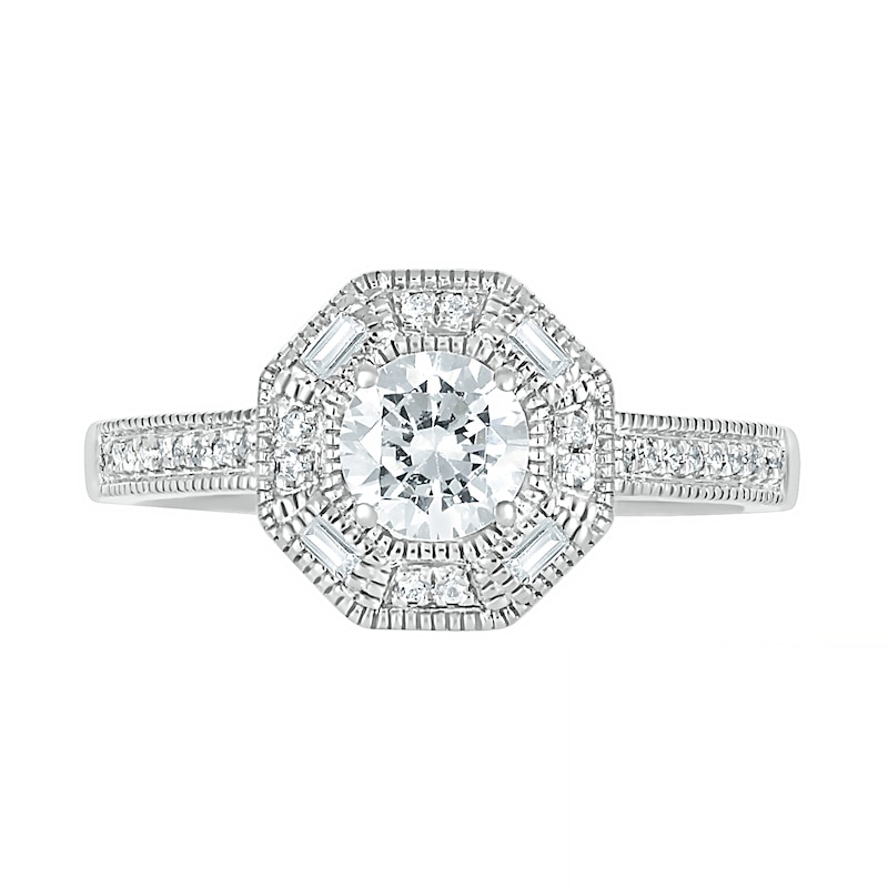 0.69 CT. T.W. Baguette and Round Diamond Octagonal Frame Vintage-Style Bridal Set in 10K White Gold