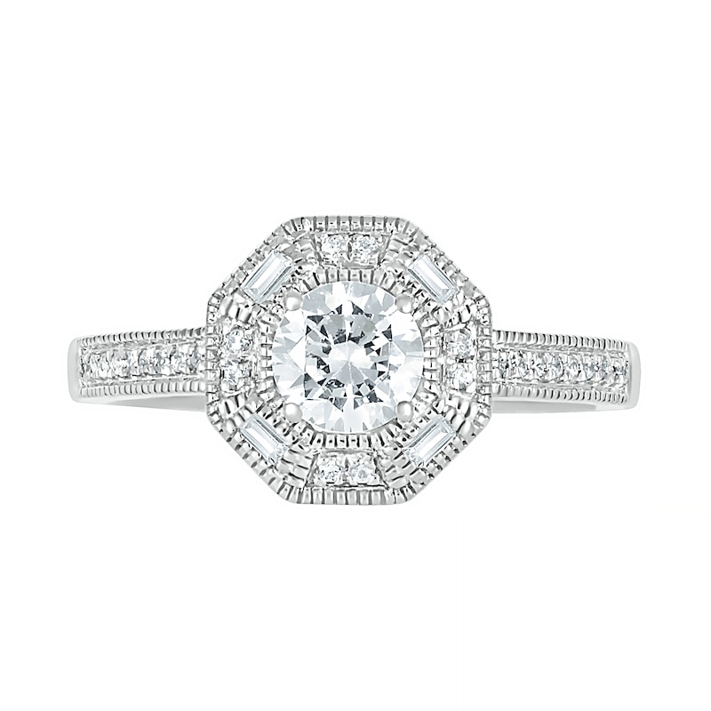 0.69 CT. T.W. Baguette and Round Diamond Octagonal Frame Vintage-Style Bridal Set in 10K White Gold