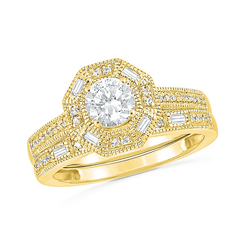 Main Image 1 of 0.69 CT. T.W. Baguette and Round Diamond Octagonal Frame Vintage-Style Bridal Set in 10K Gold