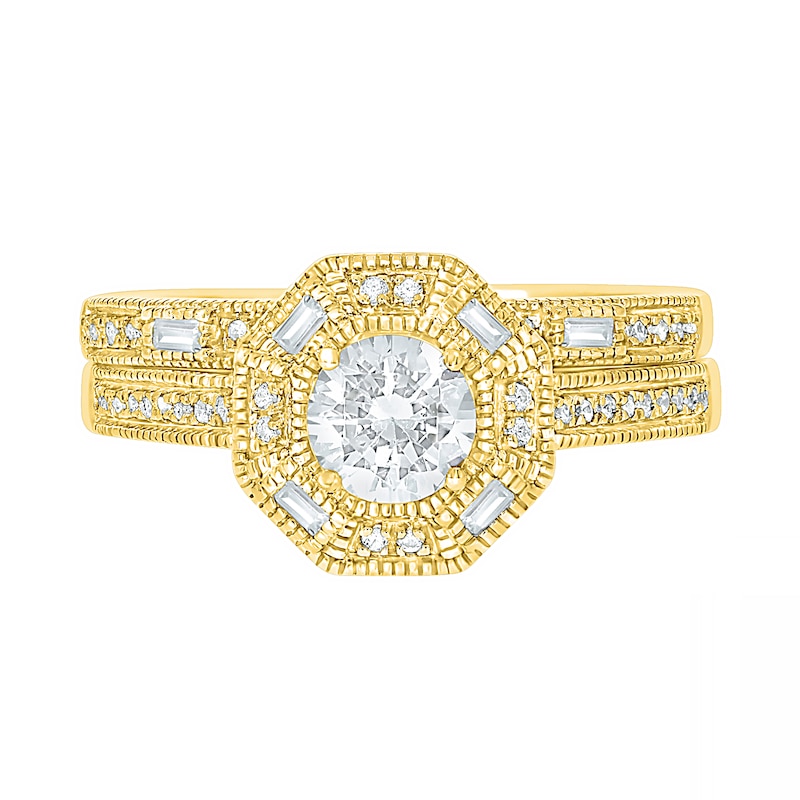 Main Image 2 of 0.69 CT. T.W. Baguette and Round Diamond Octagonal Frame Vintage-Style Bridal Set in 10K Gold