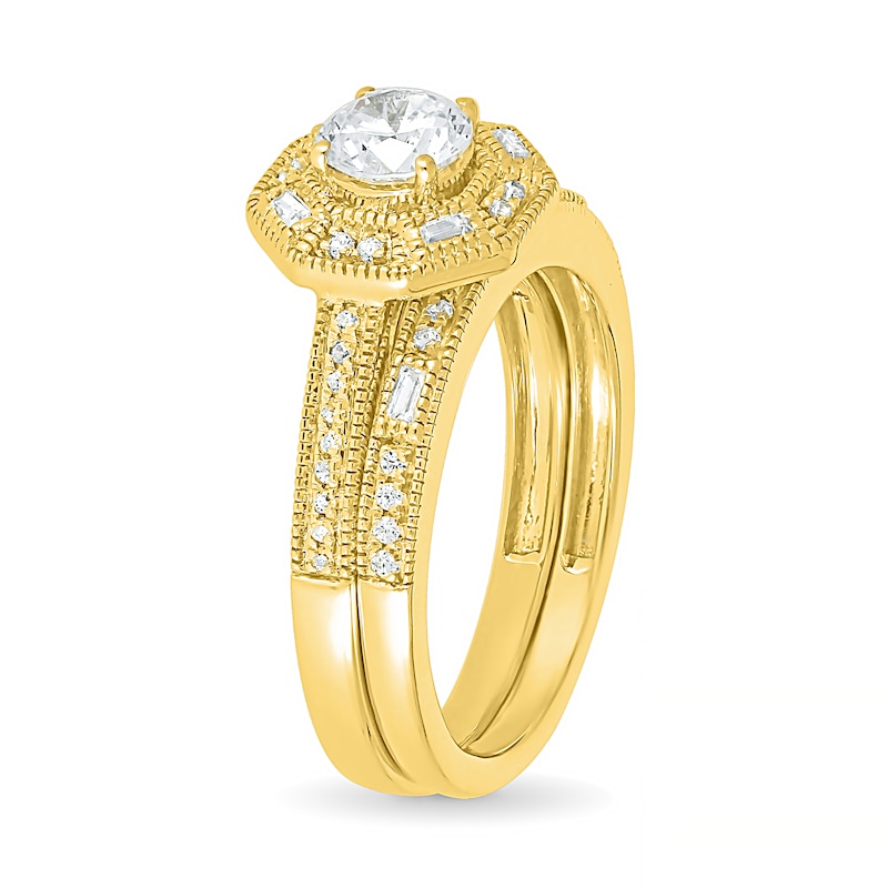 Main Image 3 of 0.69 CT. T.W. Baguette and Round Diamond Octagonal Frame Vintage-Style Bridal Set in 10K Gold