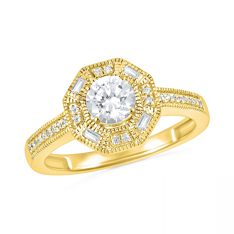 Main Image 4 of 0.69 CT. T.W. Baguette and Round Diamond Octagonal Frame Vintage-Style Bridal Set in 10K Gold