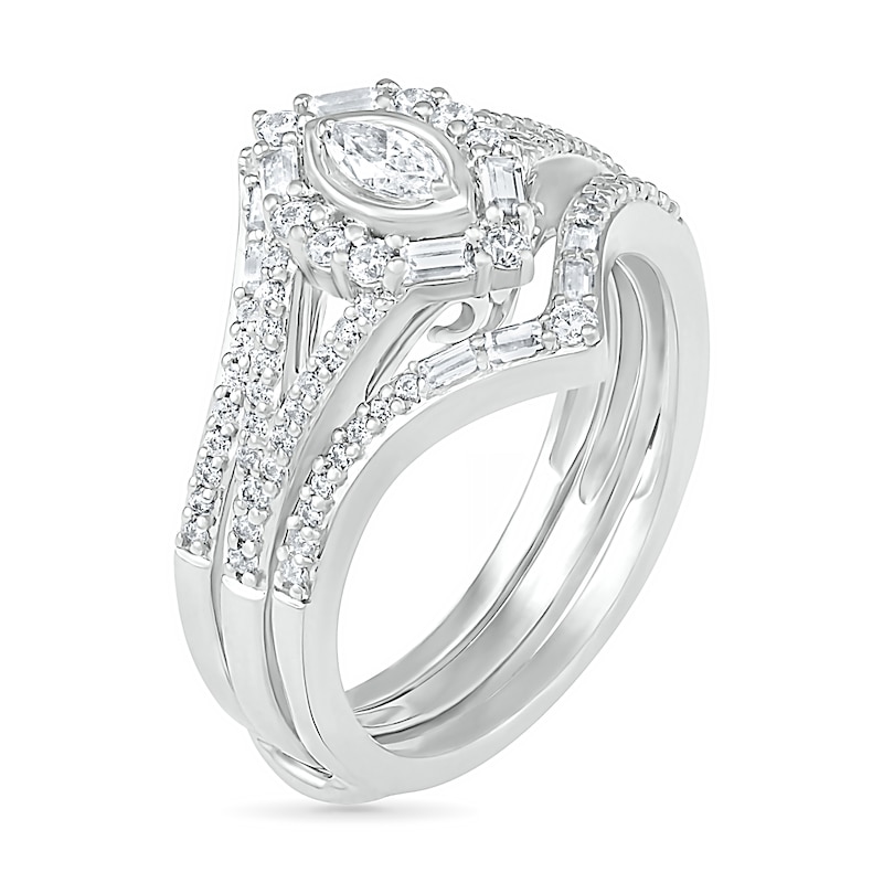 0.69 CT. T.W. Multi-Shape Diamond Chevron Split Shank Bridal Set in 10K White Gold