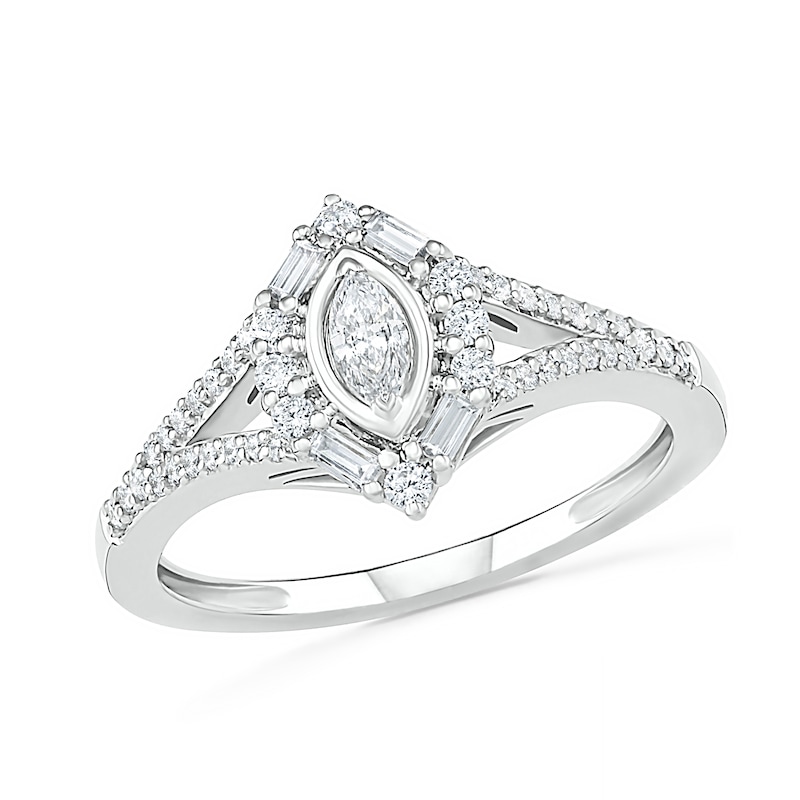 0.69 CT. T.W. Multi-Shape Diamond Chevron Split Shank Bridal Set in 10K White Gold