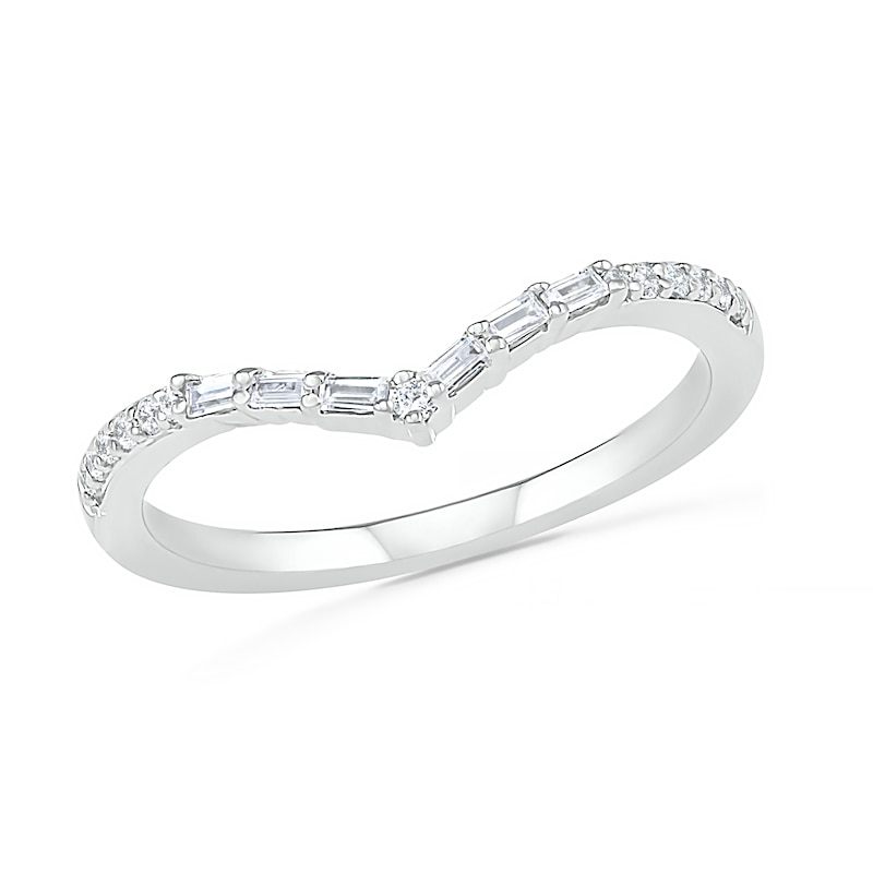 0.145 CT. T.W. Baguette and Round Diamond Chevron Anniversary Band in 10K White Gold