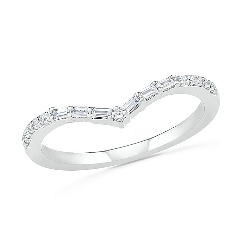 Main Image 1 of 0.145 CT. T.W. Baguette and Round Diamond Chevron Anniversary Band in 10K White Gold