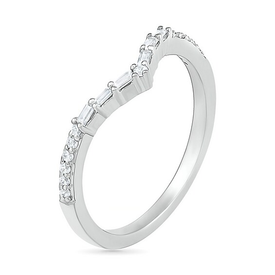 0.145 CT. T.W. Baguette and Round Diamond Chevron Anniversary Band in 10K Gold