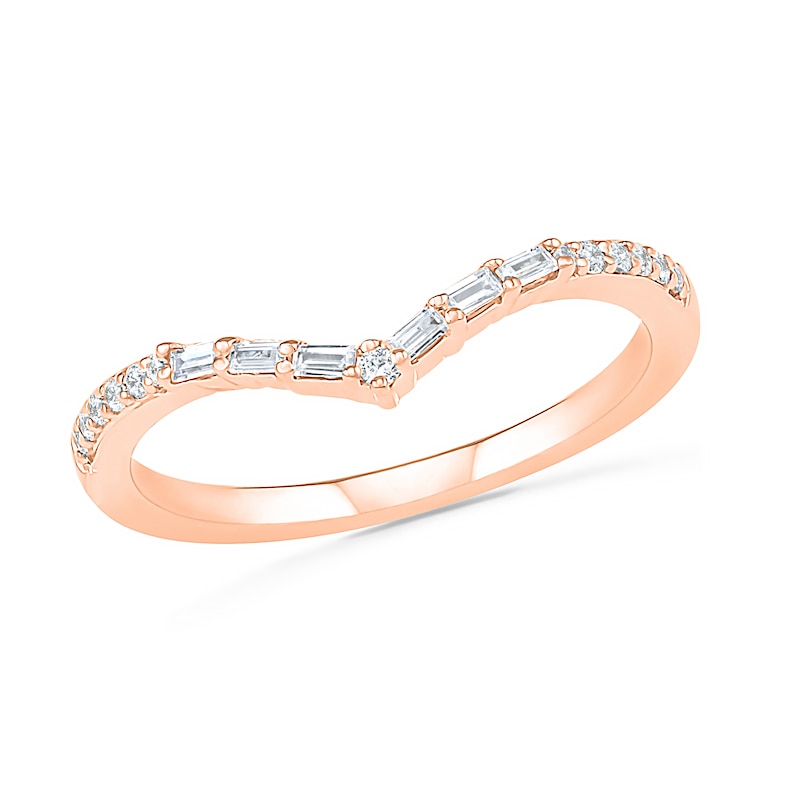 0.145 CT. T.W. Baguette and Round Diamond Chevron Anniversary Band in 10K Rose Gold|Peoples Jewellers