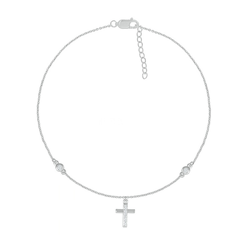 Main Image 2 of 0.04 CT. T.W. Diamond Cross Anklet in Sterling Silver – 10"