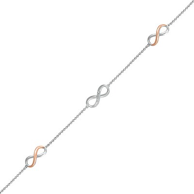 Diamond Accent Infinity Trio Anklet in Sterling Silver and 10K Rose Gold – 10"