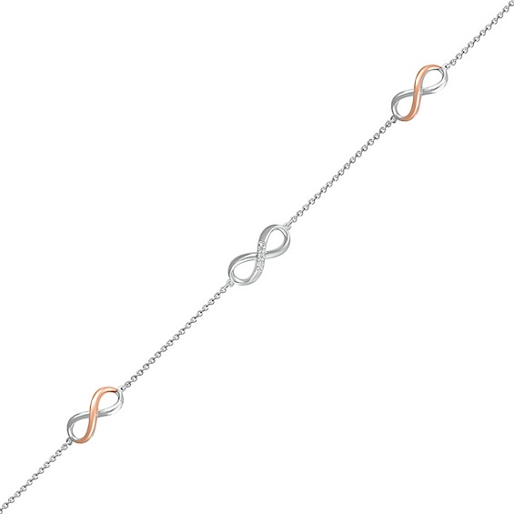 Diamond Accent Infinity Trio Anklet in Sterling Silver and 10K Rose Gold – 10"
