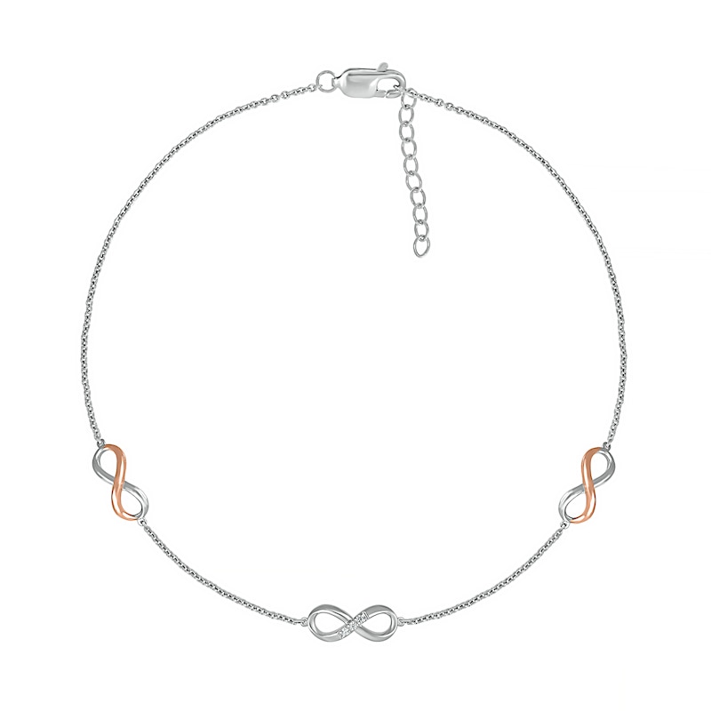 Main Image 2 of Diamond Accent Infinity Trio Anklet in Sterling Silver and 10K Rose Gold – 10"