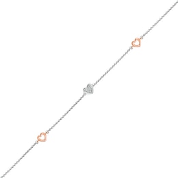 Diamond Accent Heart Station Anklet in Sterling Silver and 10K Rose Gold – 10"
