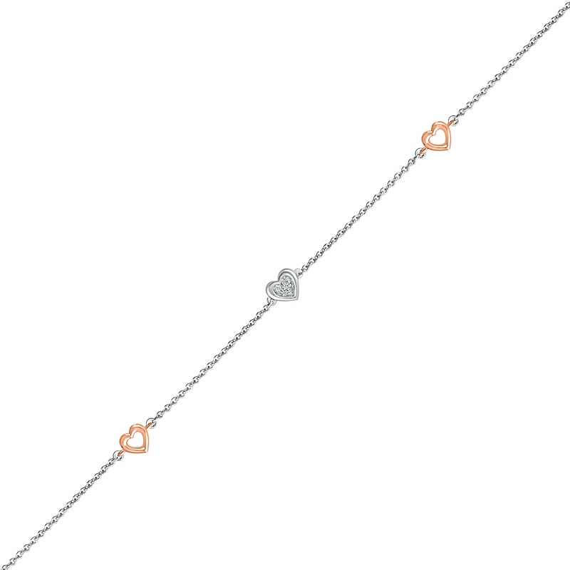 Diamond Accent Heart Station Anklet in Sterling Silver and 10K Rose Gold – 10"|Peoples Jewellers