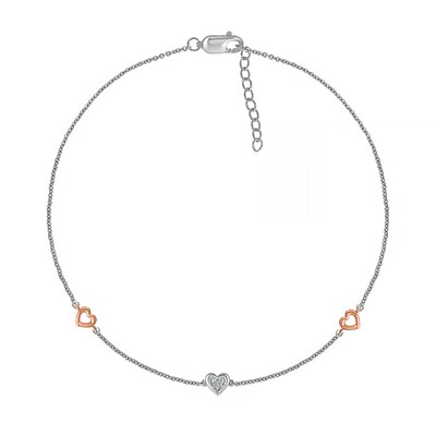 Diamond Accent Heart Station Anklet in Sterling Silver and 10K Rose Gold – 10"