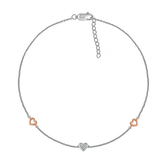 Diamond Accent Heart Station Anklet in Sterling Silver and 10K Rose Gold – 10"