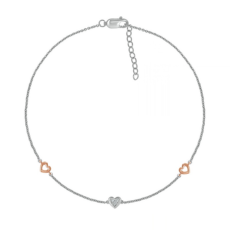 Main Image 2 of Diamond Accent Heart Station Anklet in Sterling Silver and 10K Rose Gold – 10"