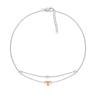 0.04 CT. T.W. Diamond Double Layer Heart Anklet in Sterling Silver and 10K Rose Gold – 10"