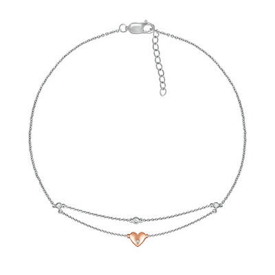 0.04 CT. T.W. Diamond Double Layer Heart Anklet in Sterling Silver and 10K Rose Gold – 10"