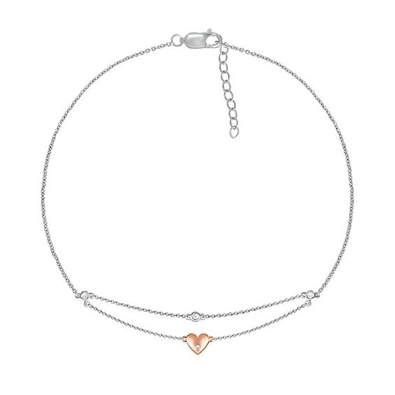 0.04 CT. T.W. Diamond Double Layer Heart Anklet in Sterling Silver and 10K Rose Gold – 10"