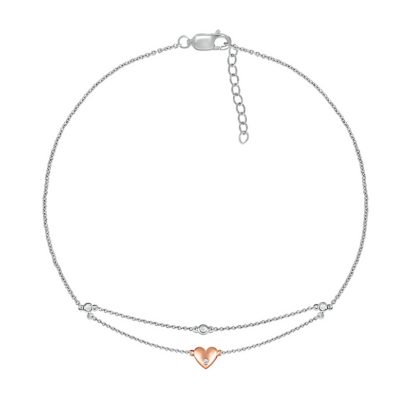 Main Image 2 of 0.04 CT. T.W. Diamond Double Layer Heart Anklet in Sterling Silver and 10K Rose Gold – 10"