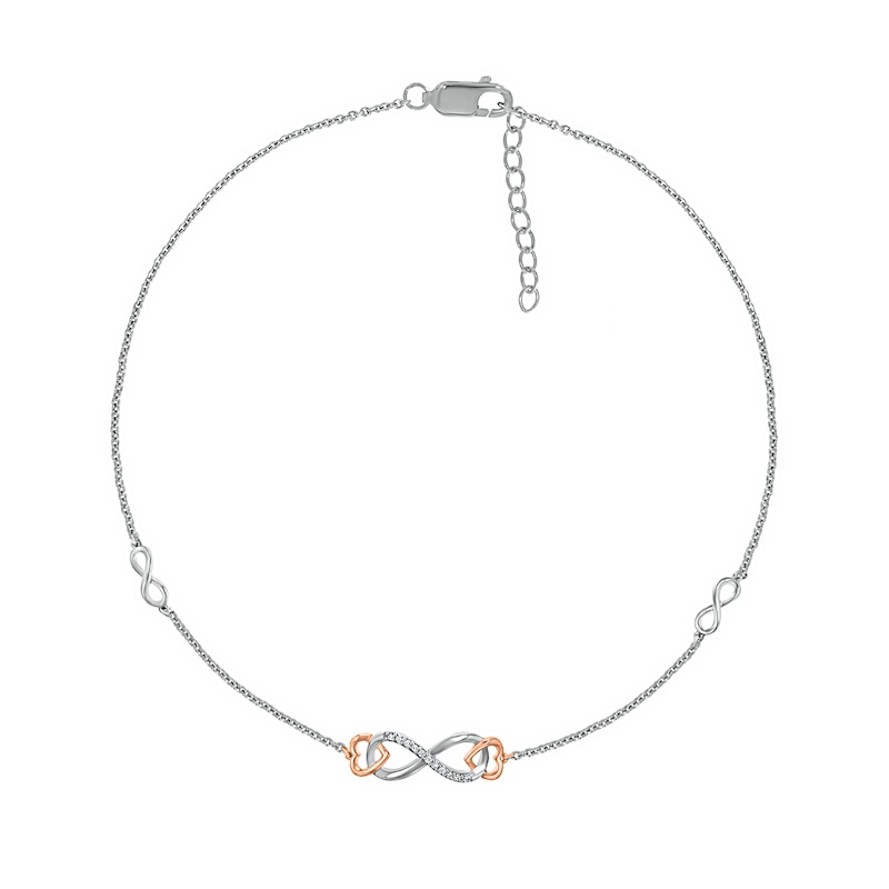 Main Image 2 of 0.04 CT. T.W. Diamond Infinity Heart Anklet in Sterling Silver and 10K Rose Gold – 10"