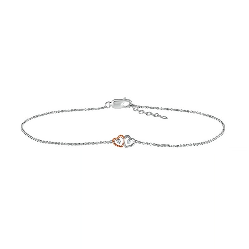 Main Image 2 of Diamond Accent Double Heart Anklet in Sterling Silver and 10K Rose Gold – 10"