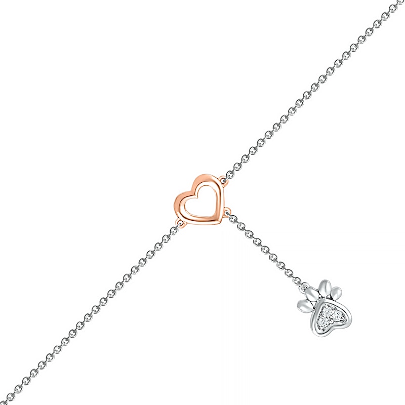 Diamond Accent Heart and Paw Anklet in Sterling Silver and 10K Rose Gold – 10"
