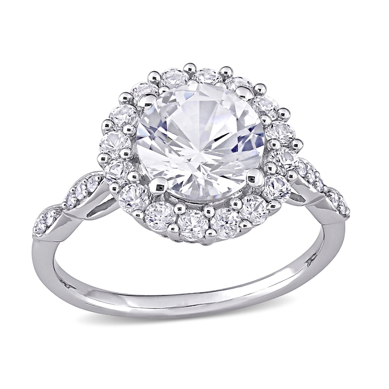 8.0mm White Lab-Created Sapphire and 0.05 CT. T.W. Diamond Frame Art Deco Engagement Ring in 10K White Gold