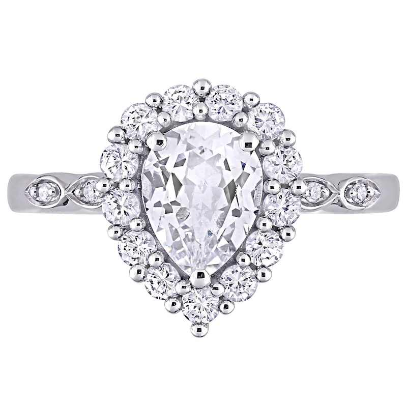Pear-Shaped White Lab-Created Sapphire and Diamond Accent Frame Art Deco Engagement Ring in 10K White Gold