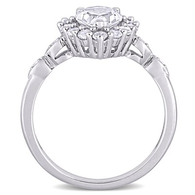 Pear-Shaped White Lab-Created Sapphire and Diamond Accent Frame Art Deco Engagement Ring in 10K White Gold