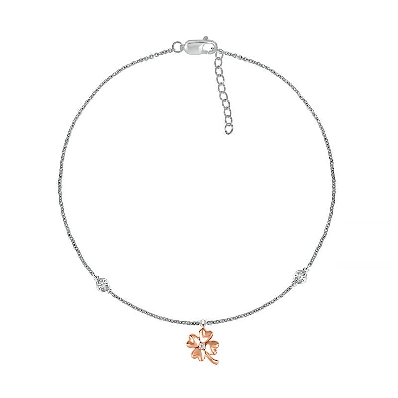 Main Image 2 of Diamond Accent Four Leaf Clover Anklet in Sterling Silver and 10K Rose Gold – 10"