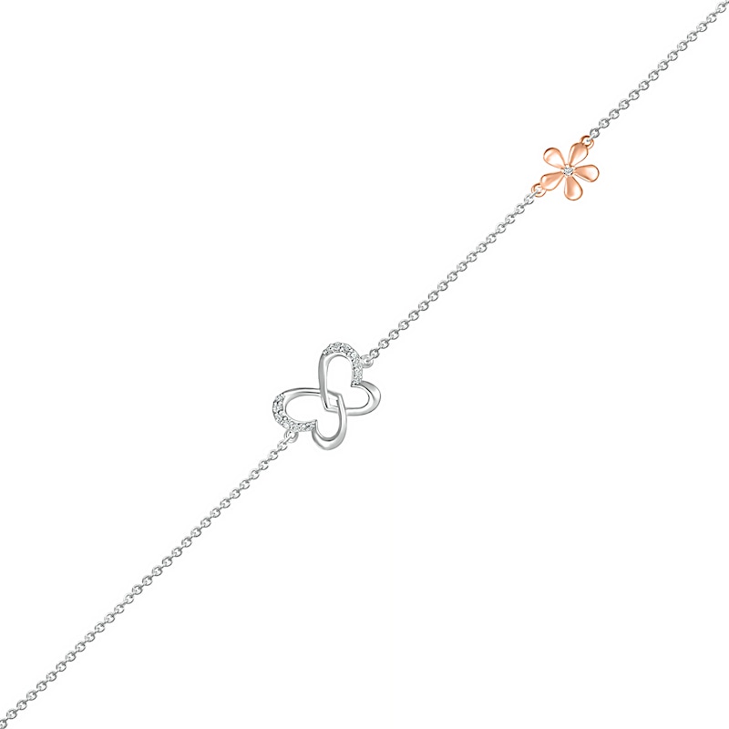 0.04 CT. T.W. Diamond Butterfly and Flower Anklet in Sterling Silver and 10K Rose Gold – 10"