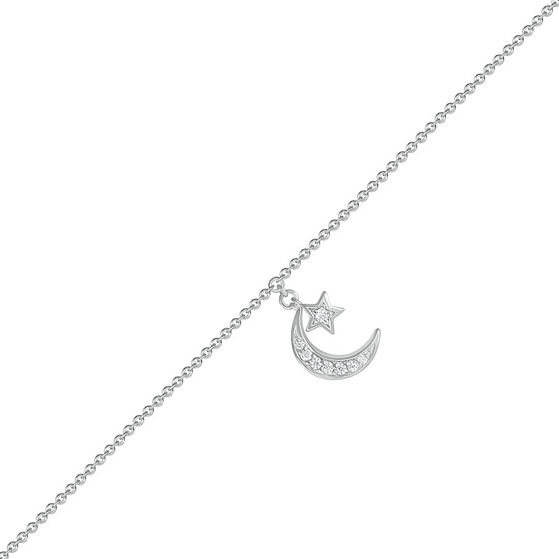 Main Image 1 of 0.04 CT. T.W. Diamond Crescent Moon and Star Anklet in Sterling Silver – 10"