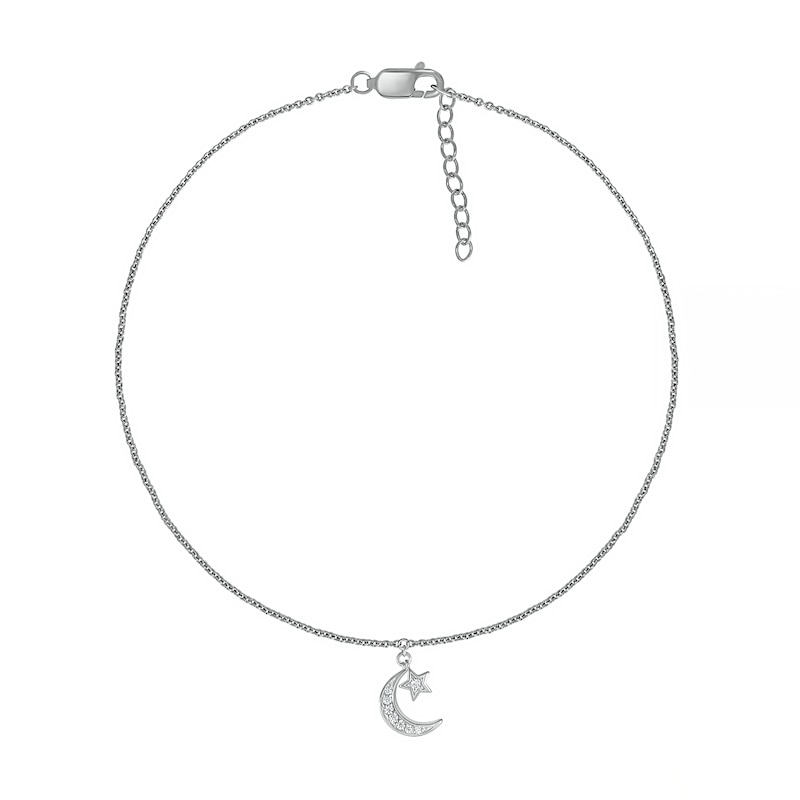 Main Image 2 of 0.04 CT. T.W. Diamond Crescent Moon and Star Anklet in Sterling Silver – 10"