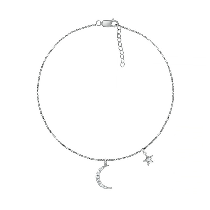 Main Image 2 of 0.065 CT. T.W. Diamond Crescent Moon and Star Anklet in Sterling Silver – 10"