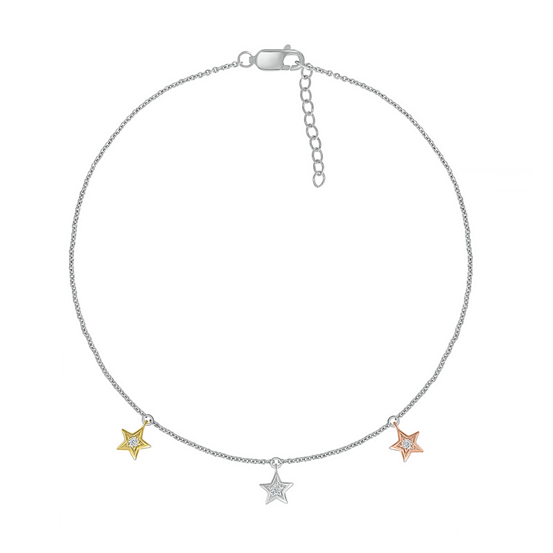 Main Image 2 of Diamond Accent Triple Star Anklet in Sterling Silver and 10K Two-Tone Gold – 10"