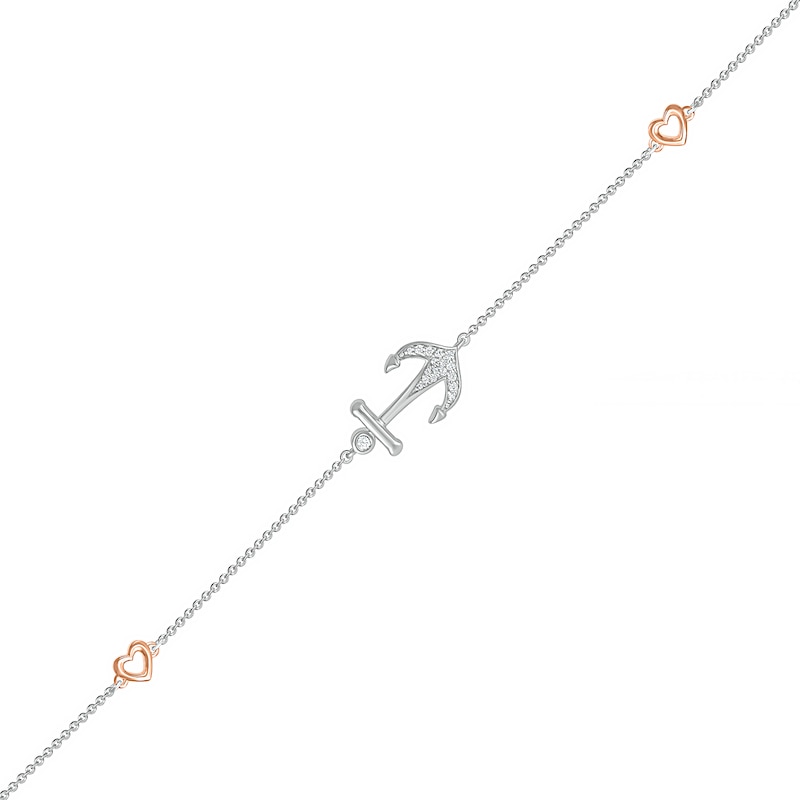 Main Image 1 of 0.04 CT. T.W. Diamond Heart and Anchor Anklet in Sterling Silver and 10K Rose Gold – 10"